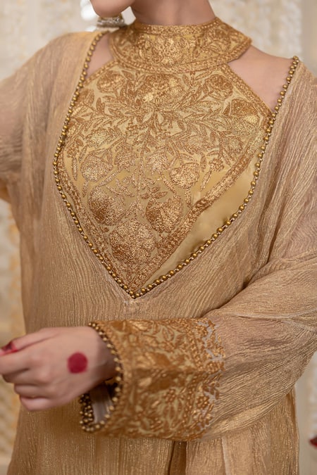Daljit Sudan_Gold Tissue, Crepe Embroidery, Zari High Neck Tilla Crushed Kurta Set _at_Aza_Fashions