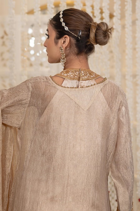 Daljit Sudan_Gold Tissue, Satin Embroidery V-neck Crushed Tilla Kurta Set _at_Aza_Fashions