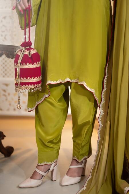 Buy_Daljit Sudan_Green Crepe, Georgette Embroidery Split V-neck Aari Kurta Salwar And Dupatta Set _Online_at_Aza_Fashions
