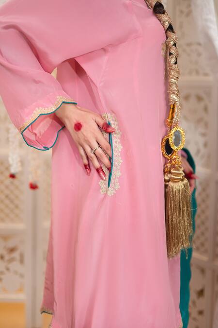 Buy_Daljit Sudan_Pink Silk, Chanderi, Georgette Kashmiri Aari Kurta, Pant And Dupatta Set _Online_at_Aza_Fashions
