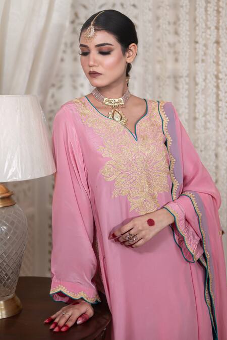 Shop_Daljit Sudan_Pink Silk, Chanderi, Georgette Kashmiri Aari Kurta, Pant And Dupatta Set _Online_at_Aza_Fashions