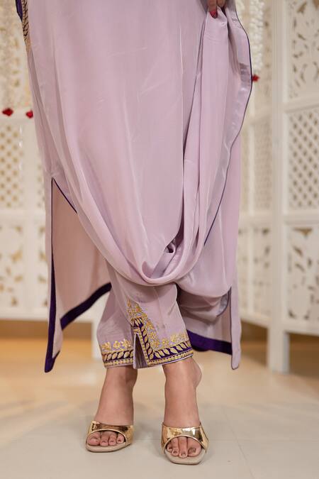 Daljit Sudan_Lavender Crepe Embroidery Mandarin Collar Cowl Kurta And Pant Set With Aari _Online_at_Aza_Fashions
