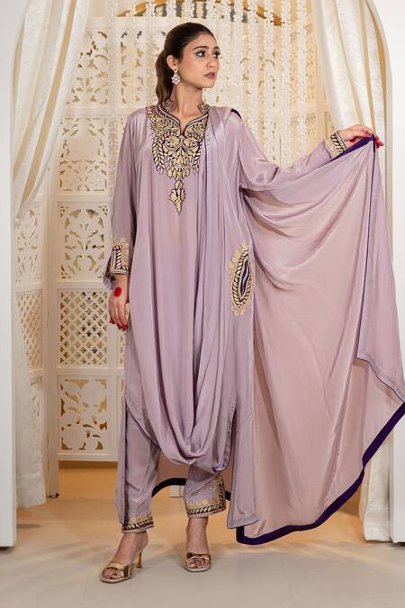 Shop_Daljit Sudan_Lavender Crepe Embroidery Mandarin Collar Cowl Kurta And Pant Set With Aari _Online_at_Aza_Fashions