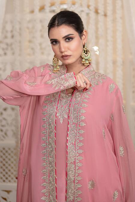 Daljit Sudan_Pink Crepe, Organza Embroidery V-neck Kashmiri Aari Jacket Kurta Pant Set _at_Aza_Fashions