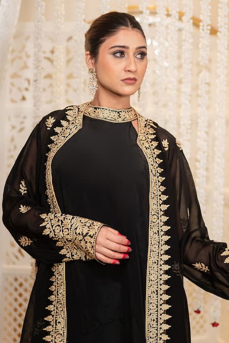 Buy_Daljit Sudan_Black Crepe, Georgette Embroidery, Zari Halter Neck, And Tilla Jacket Kurta Set _Online_at_Aza_Fashions