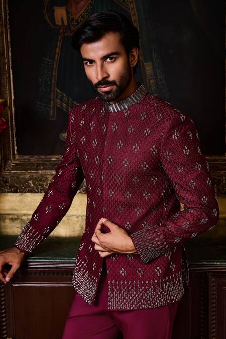 Buy Histori Burgundy Silk, Cotton, Lycra Geometric Jodhpuri Bandhgala With Trouser Online at Aza Fashions Buy_Histori_Burgundy Silk, Cotton, Lycra Geometric Jodhpuri Bandhgala With Trouser _Online_at_Aza_Fashions