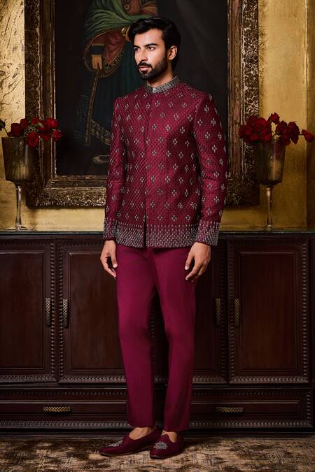 Shop Histori Burgundy Silk, Cotton, Lycra Geometric Jodhpuri Bandhgala With Trouser Online at Aza Fashions Shop_Histori_Burgundy Silk, Cotton, Lycra Geometric Jodhpuri Bandhgala With Trouser _Online_at_Aza_Fashions