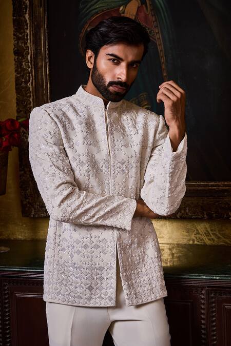 Histori_White Beads, Sequins Embellished Bandhgala Set _at_Aza_Fashions