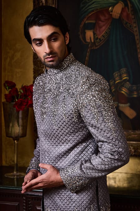 Shop_Histori_Gray Silk, Cotton, Lycra Embroidery, Beads, Jodhpuri Bandhgala And Pant Set _Online_at_Aza_Fashions