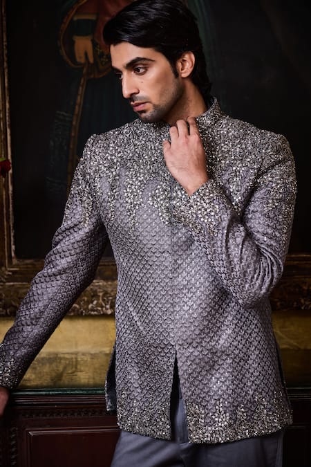 Histori_Gray Silk, Cotton, Lycra Embroidery, Beads, Jodhpuri Bandhgala And Pant Set _at_Aza_Fashions