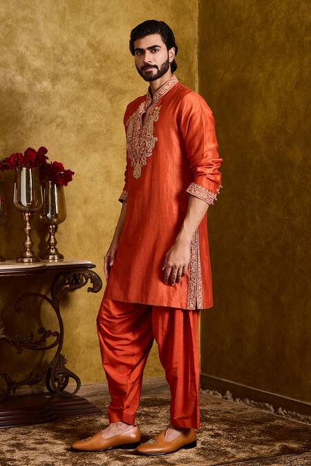 Shop_Histori_Orange Chanderi, Cotton, Silk Applique, Embroidery, Beads Kasab Kurta Set _Online_at_Aza_Fashions