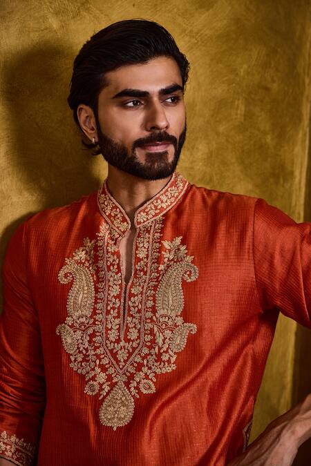 Histori_Orange Chanderi, Cotton, Silk Applique, Embroidery, Beads Kasab Kurta Set _at_Aza_Fashions