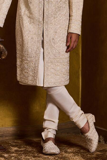 Buy_Histori_Beige Silk, Cotton Embroidery, Beads Abstract Resham And Dori Sherwani Set _Online_at_Aza_Fashions