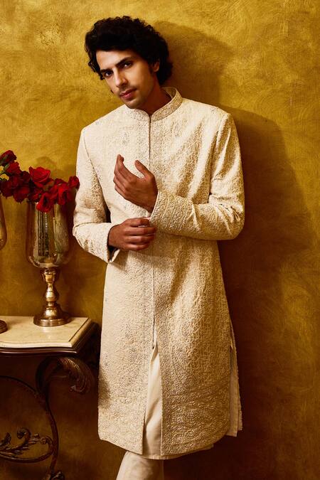 Shop_Histori_Beige Silk, Cotton Embroidery, Beads Abstract Resham And Dori Sherwani Set _Online_at_Aza_Fashions