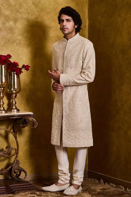 Histori_Beige Silk, Cotton Embroidery, Beads Abstract Resham And Dori Sherwani Set _at_Aza_Fashions