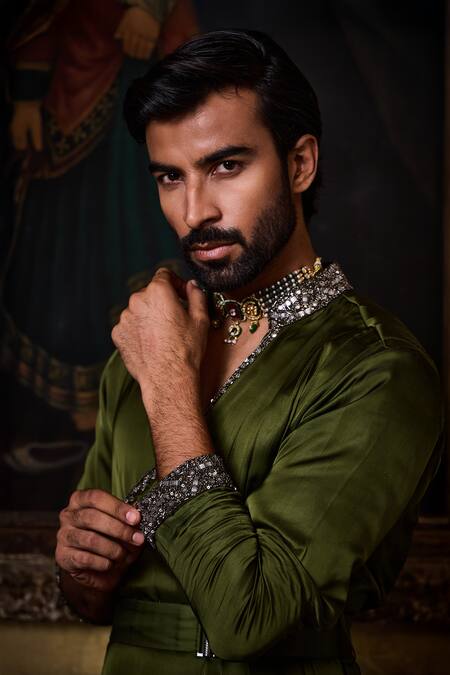 Shop Histori Green Satin Beads, Crystals, Embroidery Draped Kurta And Churidar Set Online at Aza Fashions Shop_Histori_Green Satin Beads, Crystals, Embroidery Draped Kurta And Churidar Set _Online_at_Aza_Fashions