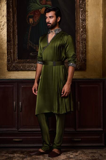 Histori Green Satin Beads, Crystals, Embroidery Draped Kurta And Churidar Set at Aza Fashions Histori_Green Satin Beads, Crystals, Embroidery Draped Kurta And Churidar Set _at_Aza_Fashions