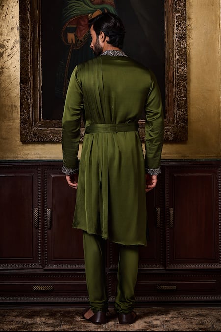 Histori Green Satin Beads, Crystals, Embroidery Draped Kurta And Churidar Set Online at Aza Fashions Histori_Green Satin Beads, Crystals, Embroidery Draped Kurta And Churidar Set _Online_at_Aza_Fashions