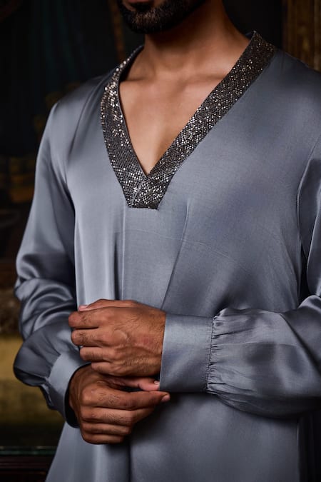 Buy Histori Gray Satin, Bemberg Beads, Crystals Draped Kurta And Farshi Pyjama Set Online at Aza Fashions Buy_Histori_Gray Satin, Bemberg Beads, Crystals Draped Kurta And Farshi Pyjama Set _Online_at_Aza_Fashions