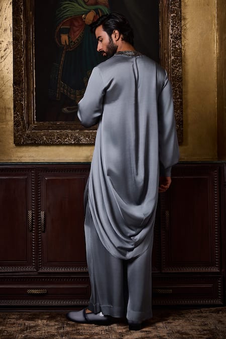 Shop Histori Gray Satin, Bemberg Beads, Crystals Draped Kurta And Farshi Pyjama Set at Aza Fashions Shop_Histori_Gray Satin, Bemberg Beads, Crystals Draped Kurta And Farshi Pyjama Set _at_Aza_Fashions