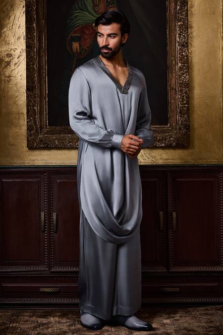 Shop Histori Gray Satin, Bemberg Beads, Crystals Draped Kurta And Farshi Pyjama Set Online at Aza Fashions Shop_Histori_Gray Satin, Bemberg Beads, Crystals Draped Kurta And Farshi Pyjama Set _Online_at_Aza_Fashions
