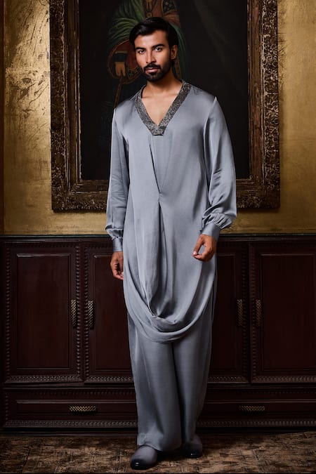 Histori Gray Satin, Bemberg Beads, Crystals Draped Kurta And Farshi Pyjama Set 