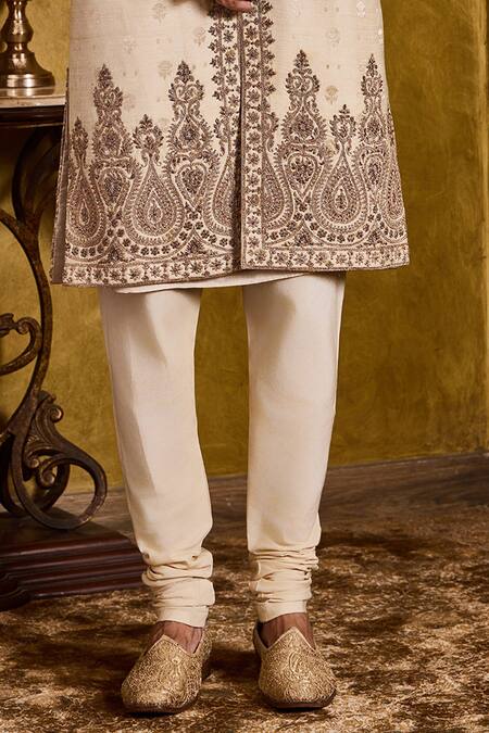 Buy_Histori_Beige Tussar, Cotton, Silk Embroidery, Beads Woven Booti Sherwani Set _Online_at_Aza_Fashions
