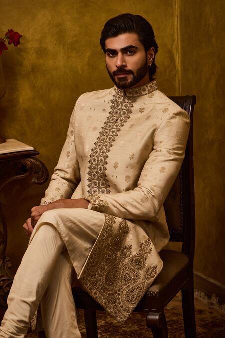 Shop_Histori_Beige Tussar, Cotton, Silk Embroidery, Beads Woven Booti Sherwani Set _Online_at_Aza_Fashions