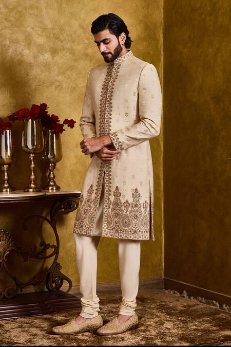 Histori_Beige Tussar, Cotton, Silk Embroidery, Beads Woven Booti Sherwani Set _at_Aza_Fashions