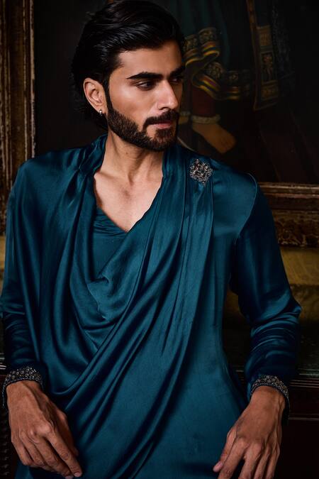 Buy Histori Blue Satin Beads, Crystals, Embroidery Draped Kurta With Patiala Salwar Online at Aza Fashions Buy_Histori_Blue Satin Beads, Crystals, Embroidery Draped Kurta With Patiala Salwar _Online_at_Aza_Fashions