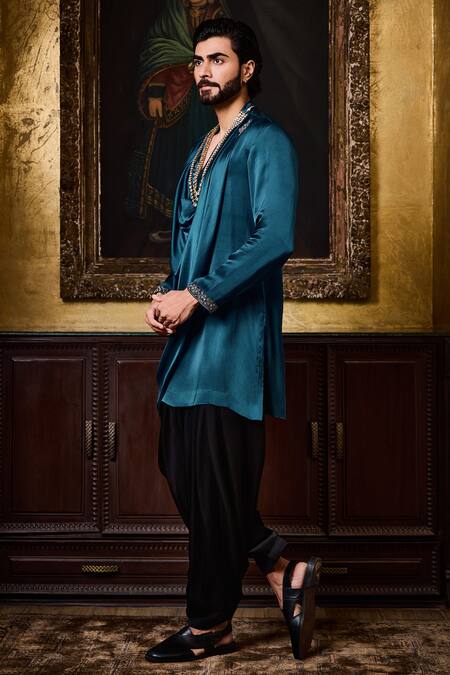 Histori Blue Satin Beads, Crystals, Embroidery Draped Kurta With Patiala Salwar at Aza Fashions Histori_Blue Satin Beads, Crystals, Embroidery Draped Kurta With Patiala Salwar _at_Aza_Fashions