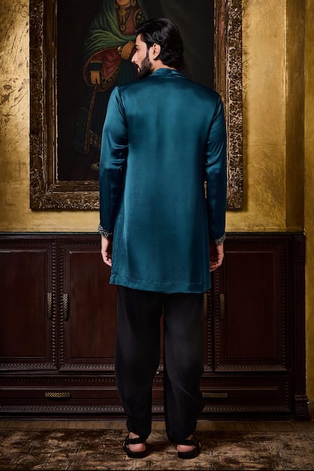 Histori Blue Satin Beads, Crystals, Embroidery Draped Kurta With Patiala Salwar Online at Aza Fashions Histori_Blue Satin Beads, Crystals, Embroidery Draped Kurta With Patiala Salwar _Online_at_Aza_Fashions