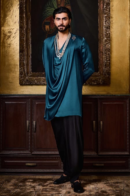 Histori Blue Satin Beads, Crystals, Embroidery Draped Kurta With Patiala Salwar 