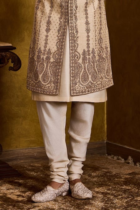 Buy_Histori_Beige Tussar, Cotton, Silk Embroidery, Beads Woven Sherwani Set _Online_at_Aza_Fashions