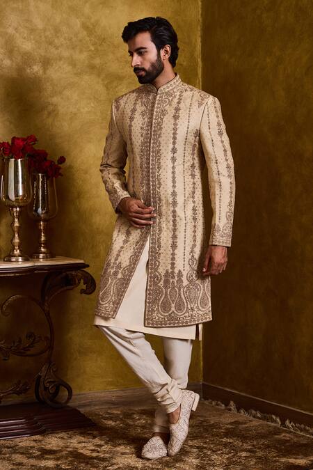 Histori_Beige Tussar, Cotton, Silk Embroidery, Beads Woven Sherwani Set _at_Aza_Fashions