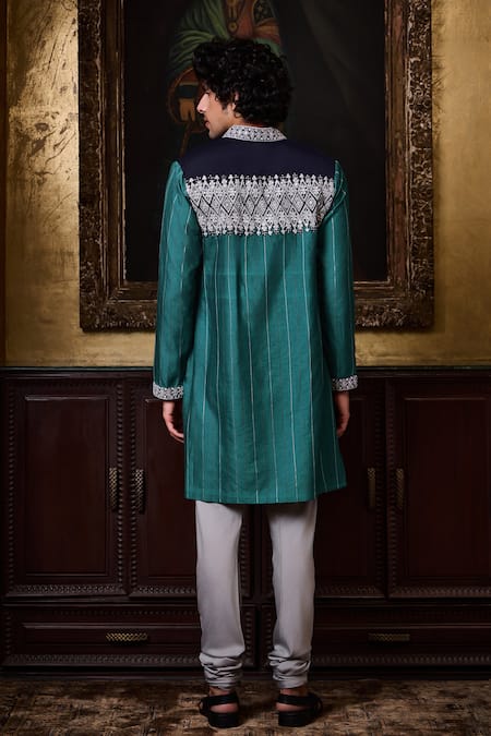 Shop Histori Blue Cotton, Silk Embroidery, Beads Dhagai Kurta And Churidar Set at Aza Fashions Shop_Histori_Blue Cotton, Silk Embroidery, Beads Dhagai Kurta And Churidar Set _at_Aza_Fashions