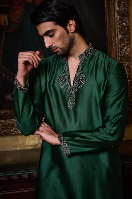 Buy_Histori_Green Chanderi Silk, Modal, Satin Beads, Crystals, Kurta And Patiala Salwar Set _Online_at_Aza_Fashions