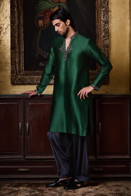 Shop_Histori_Green Chanderi Silk, Modal, Satin Beads, Crystals, Kurta And Patiala Salwar Set _Online_at_Aza_Fashions