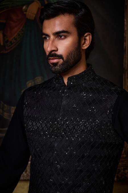Shop Histori Black Silk, Cotton Satin, Cotton, Geometric Resham And Beadwork Bundi Kurta Set Online at Aza Fashions Shop_Histori_Black Silk, Cotton Satin, Cotton, Geometric Resham And Beadwork Bundi Kurta Set _Online_at_Aza_Fashions