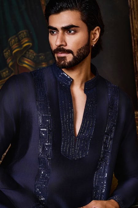 Buy_Histori_Navy Chanderi , Cotton, Sequins, Beads, Embroidery And Beadwork Kurta Set _Online_at_Aza_Fashions