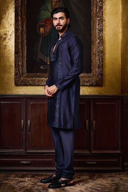 Shop_Histori_Navy Chanderi , Cotton, Sequins, Beads, Embroidery And Beadwork Kurta Set _Online_at_Aza_Fashions