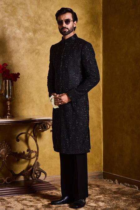 Buy Histori Black Silk, Cotton, Lycra Embroidery, Beads, Crystals Raw Sherwani Set Online at Aza Fashions Buy_Histori_Black Silk, Cotton, Lycra Embroidery, Beads, Crystals Raw Sherwani Set _Online_at_Aza_Fashions