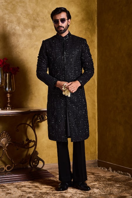 Histori Black Silk, Cotton, Lycra Embroidery, Beads, Crystals Raw Sherwani Set 