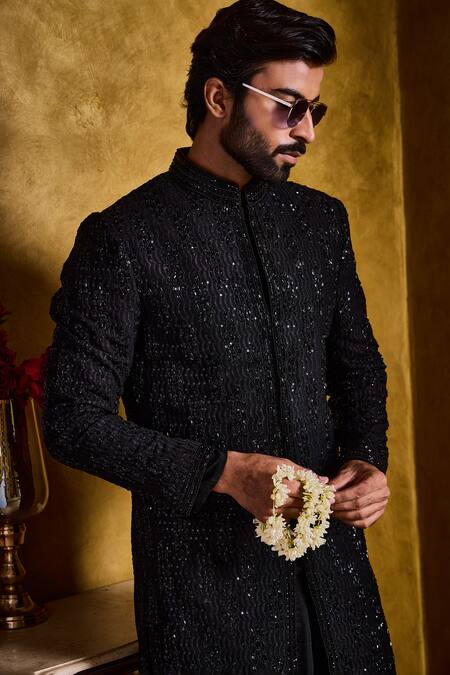 Shop Histori Black Silk, Cotton, Lycra Embroidery, Beads, Crystals Raw Sherwani Set Online at Aza Fashions Shop_Histori_Black Silk, Cotton, Lycra Embroidery, Beads, Crystals Raw Sherwani Set _Online_at_Aza_Fashions