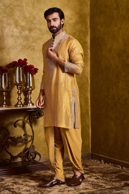 Buy_Histori_Yellow Tissue, Chanderi , Cotton, Embroidery Dori Kurta And Dhoti Set _Online_at_Aza_Fashions