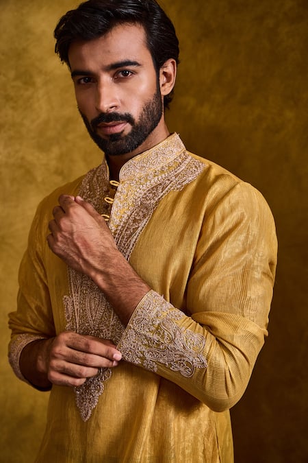 Shop_Histori_Yellow Tissue, Chanderi , Cotton, Embroidery Dori Kurta And Dhoti Set _Online_at_Aza_Fashions