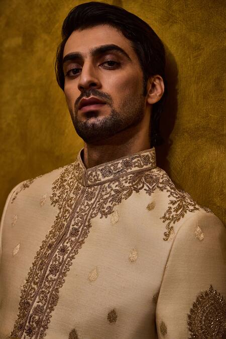 Buy_Histori_Beige Tussar, Cotton, Silk Embroidery, Beads Woven Booti Sherwani Kurta Set _Online_at_Aza_Fashions