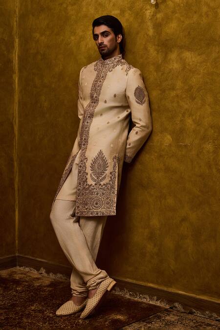 Shop_Histori_Beige Tussar, Cotton, Silk Embroidery, Beads Woven Booti Sherwani Kurta Set _Online_at_Aza_Fashions