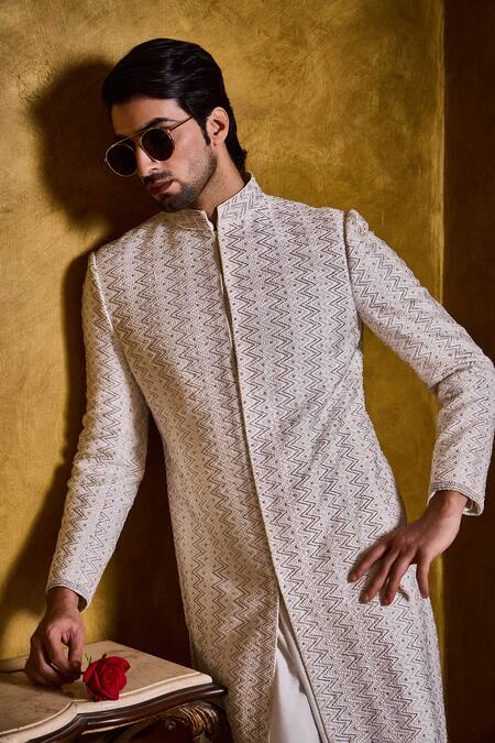 Buy_Histori_Ivory Silk, Cotton Embroidery, Beads Zig Zag Resham And Dabka Sherwani Set _Online_at_Aza_Fashions