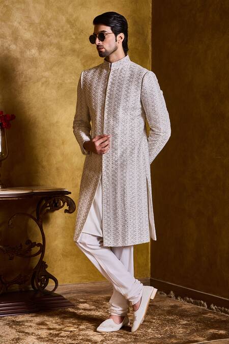 Shop_Histori_Ivory Silk, Cotton Embroidery, Beads Zig Zag Resham And Dabka Sherwani Set _Online_at_Aza_Fashions